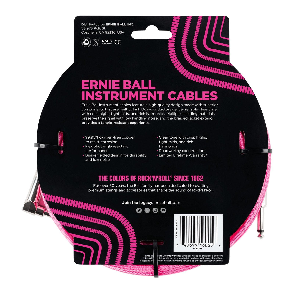 Dây Cáp Guitar Ernie Ball Braided Instrument Cable – 7,6m (25ft), Thẳng - Vuông, Neon Pink