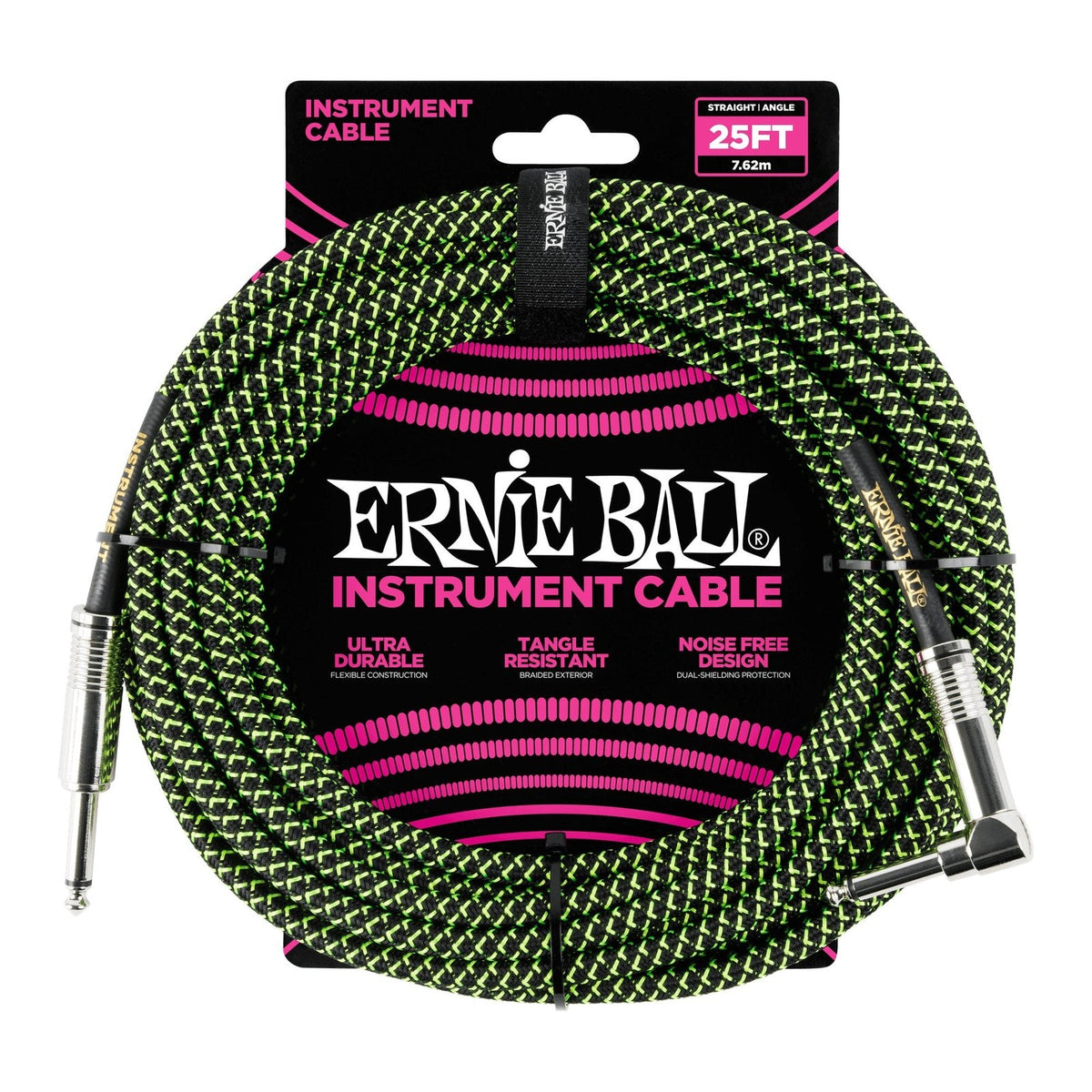 Dây Cáp Guitar Ernie Ball Braided Instrument Cable – 7,6m (25ft), Thẳng - Vuông, Black/Green