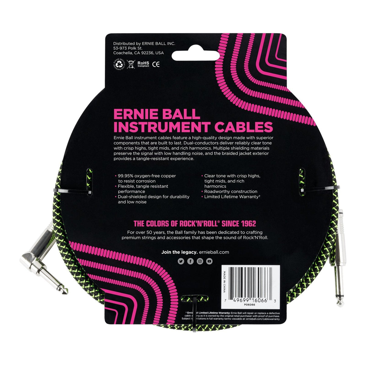 Dây Cáp Guitar Ernie Ball Braided Instrument Cable – 7,6m (25ft), Thẳng - Vuông, Black/Green