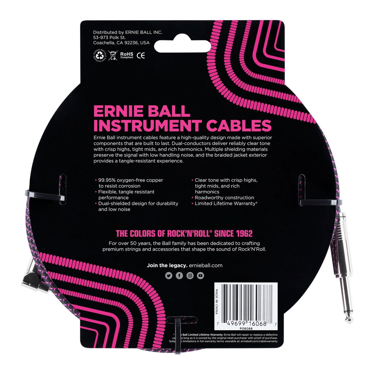 Dây Cáp Guitar Ernie Ball Braided Instrument Cable – 7,6m (25ft), Thẳng - Vuông, Black/Purple