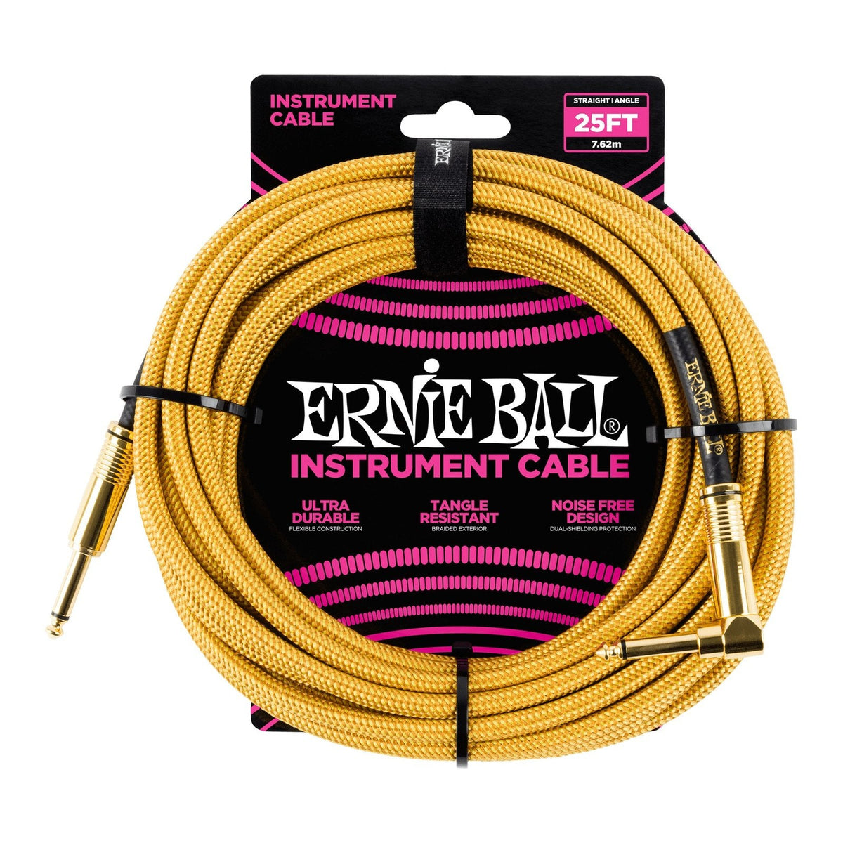 Dây Cáp Guitar Ernie Ball Braided Instrument Cable – 7,6m (25ft), Thẳng - Vuông, Gold