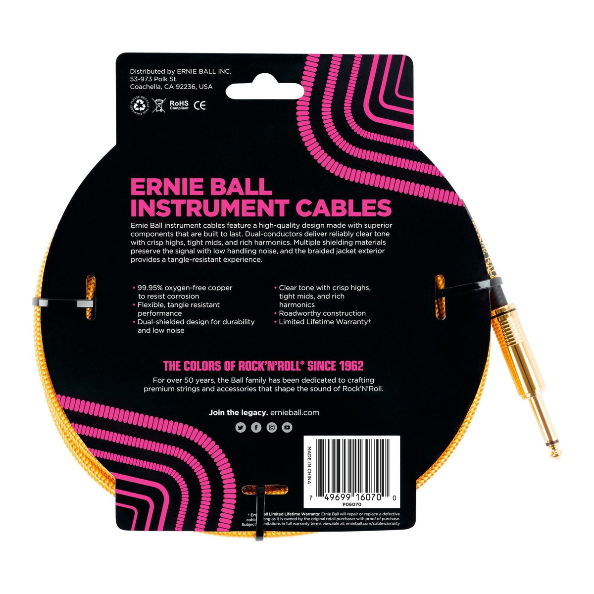 Dây Cáp Guitar Ernie Ball Braided Instrument Cable – 7,6m (25ft), Thẳng - Vuông, Gold