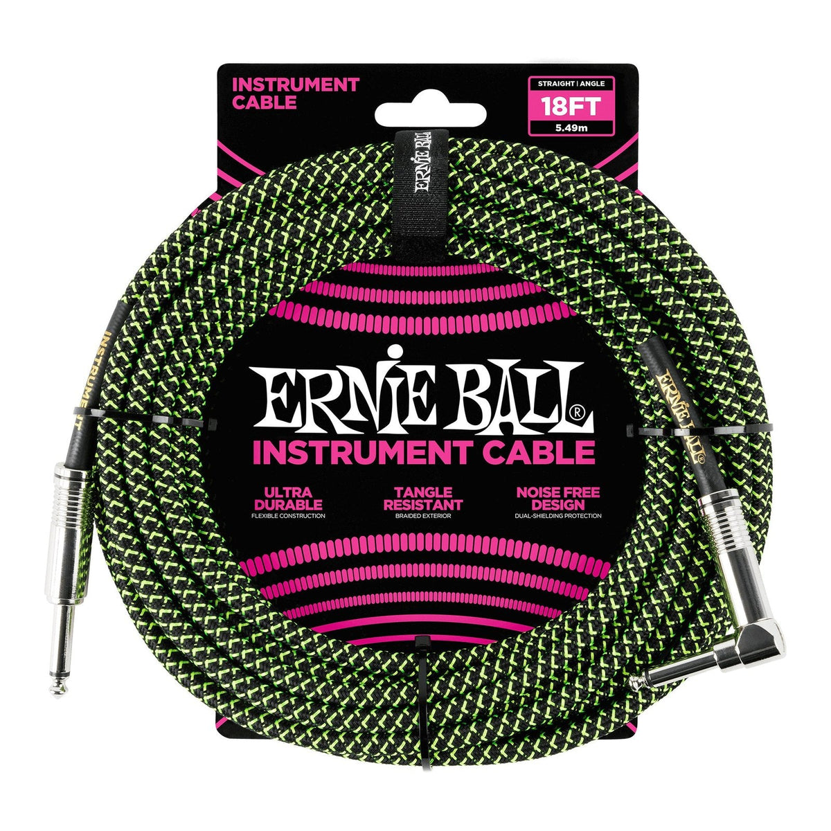 Dây Cáp Guitar Ernie Ball Braided Instrument Cable – 5,5m (18ft), Thẳng - Vuông, Black/Green