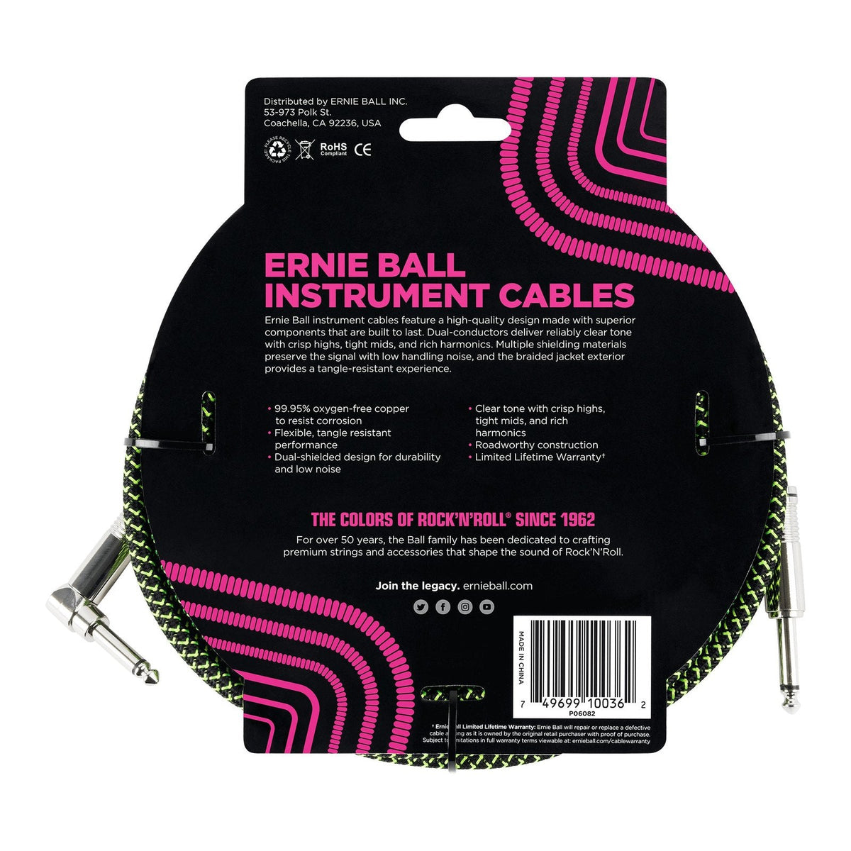 Dây Cáp Guitar Ernie Ball Braided Instrument Cable – 5,5m (18ft), Thẳng - Vuông, Black/Green