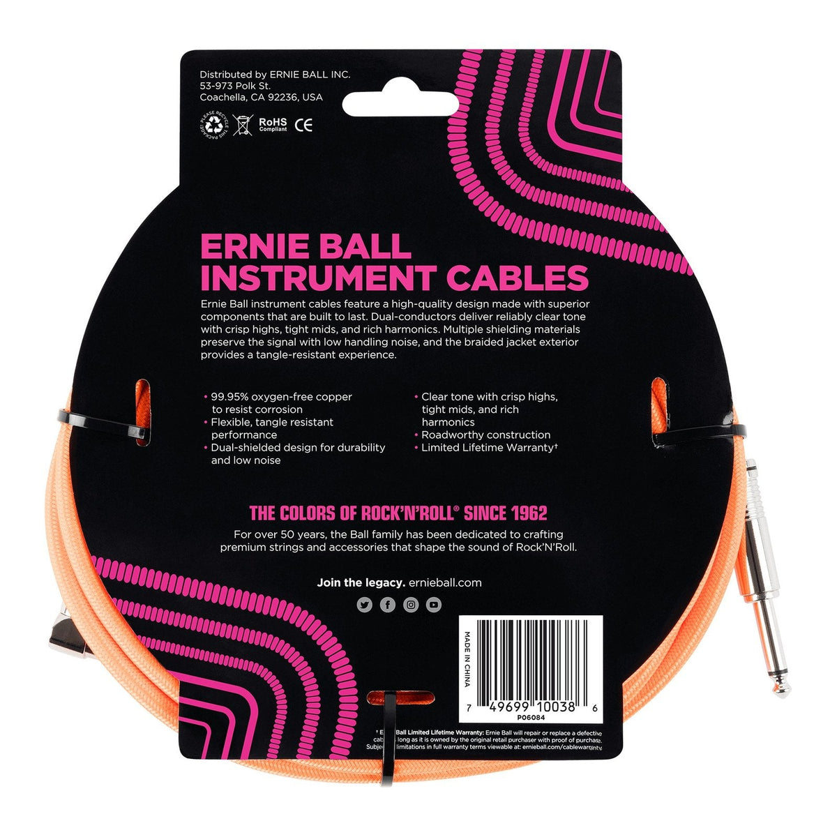 Dây Cáp Guitar Ernie Ball Braided Instrument Cable – 5,5m (18ft), Thẳng - Vuông, Neon Orange