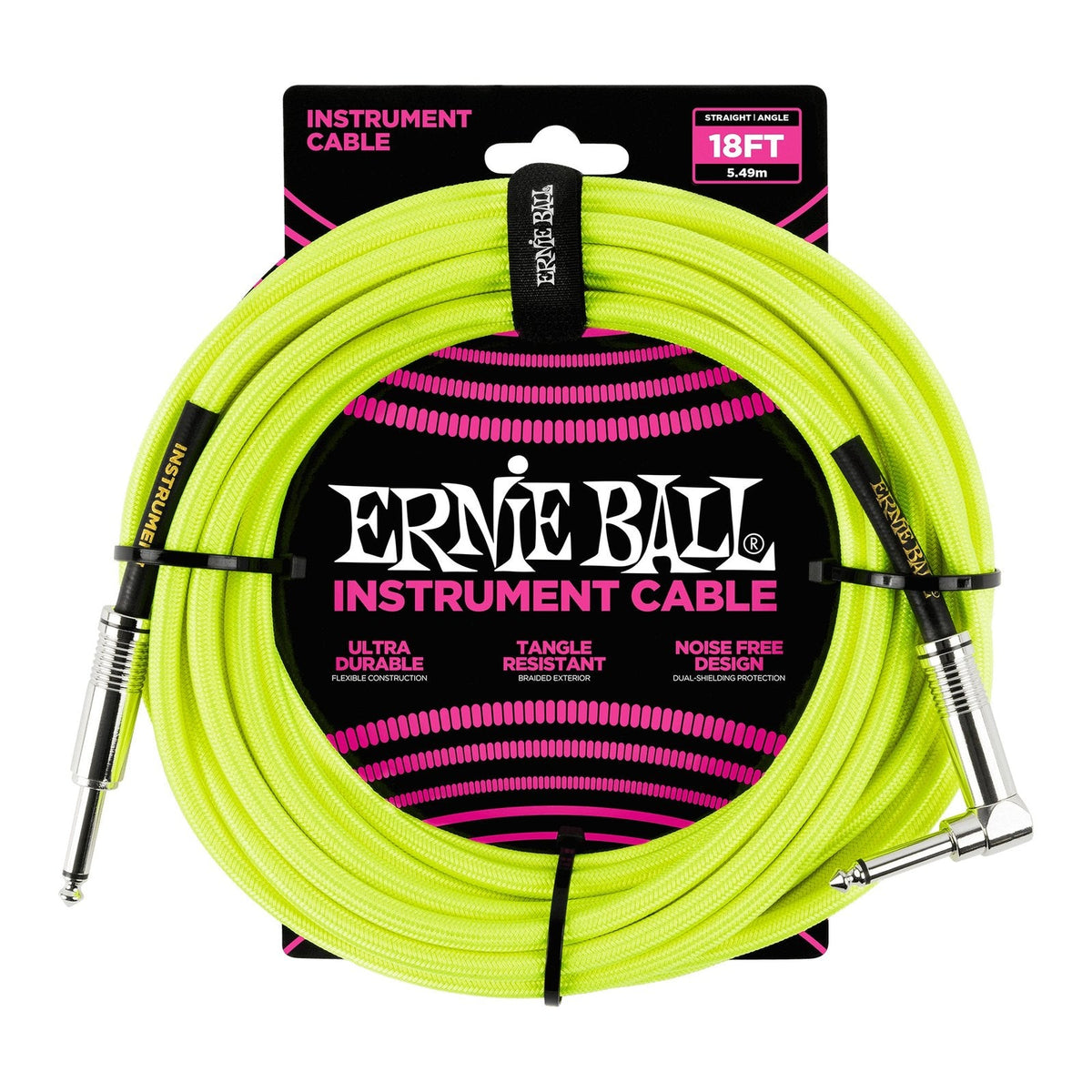 Dây Cáp Guitar Ernie Ball Braided Instrument Cable – 5,5m (18ft), Thẳng - Vuông, Neon Yellow