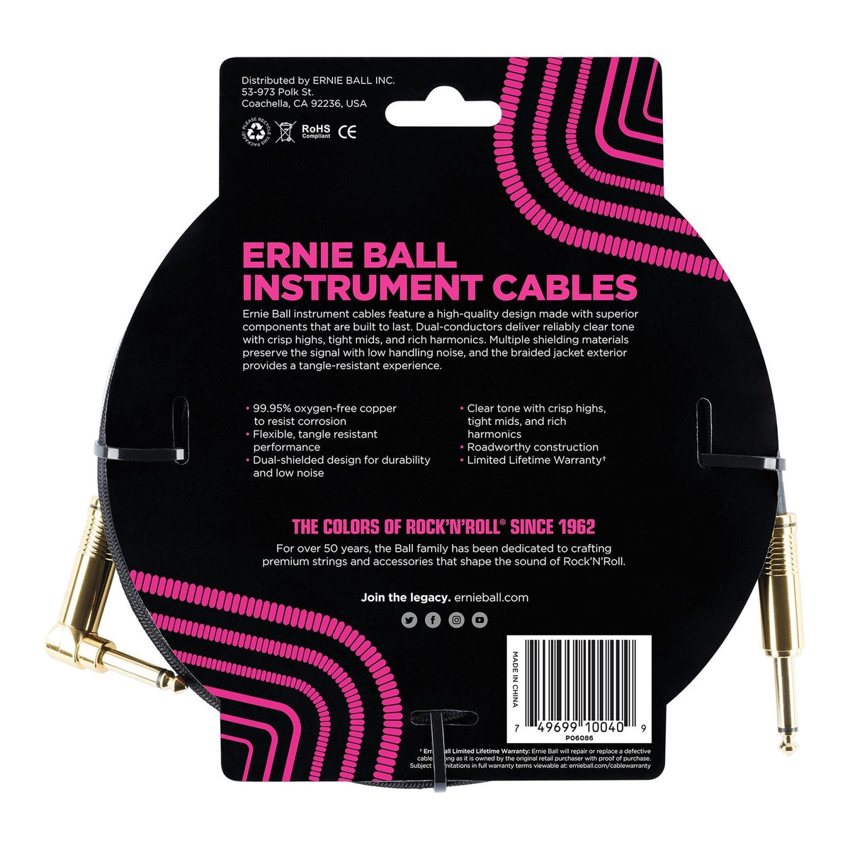 Dây Cáp Guitar Ernie Ball Braided Instrument Cable – 5,5m (18ft), Thẳng - Vuông, Black
