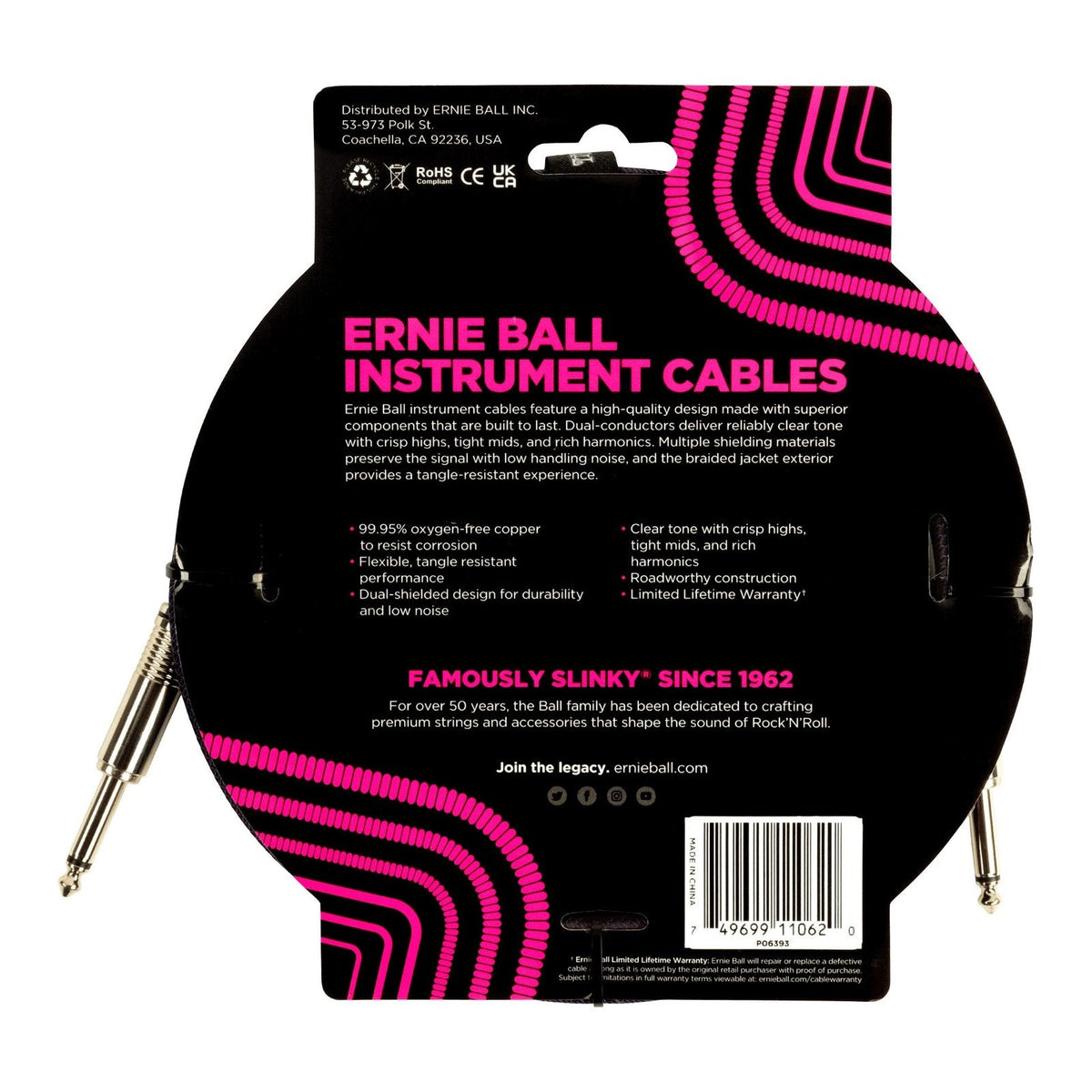 Dây Cáp Guitar Ernie Ball Braided Instrument Cable – 3m (10ft), Thẳng - Thẳng, Purple/Black