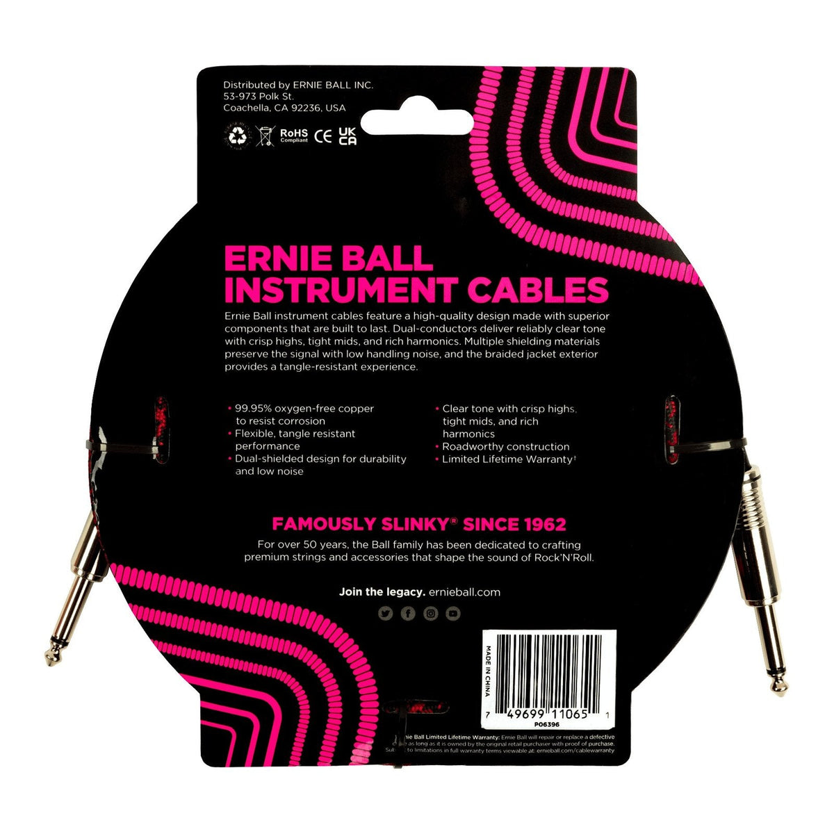 Dây Cáp Guitar Ernie Ball Braided Instrument Cable – 5,5m (18ft), Thẳng - Thẳng, Red/Black