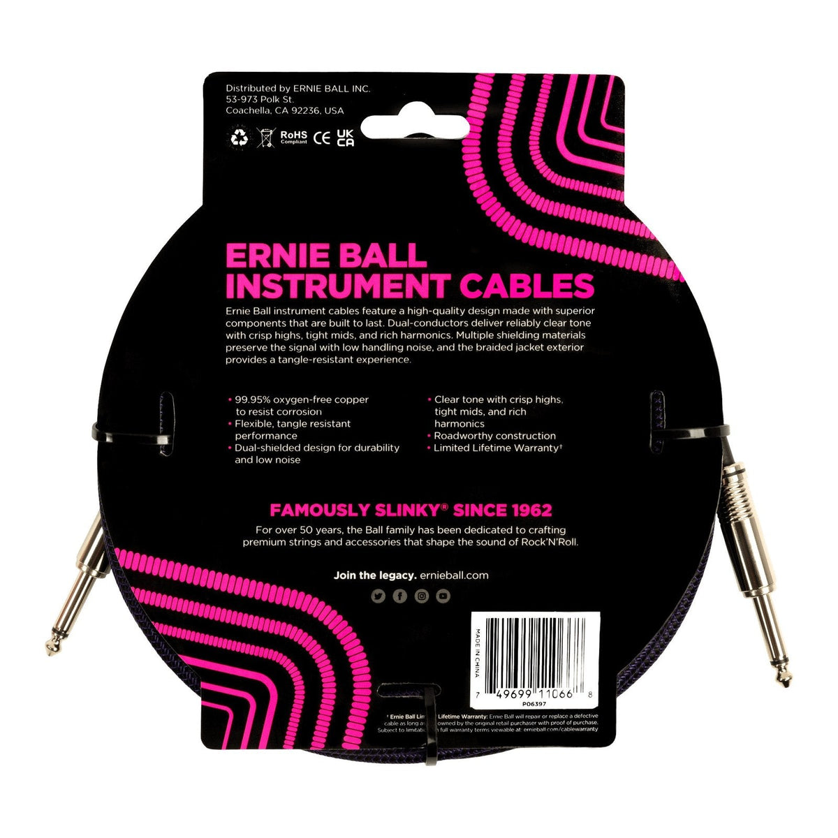 Dây Cáp Guitar Ernie Ball Braided Instrument Cable – 7,6m (25ft), Thẳng - Thẳng, Purple/Black