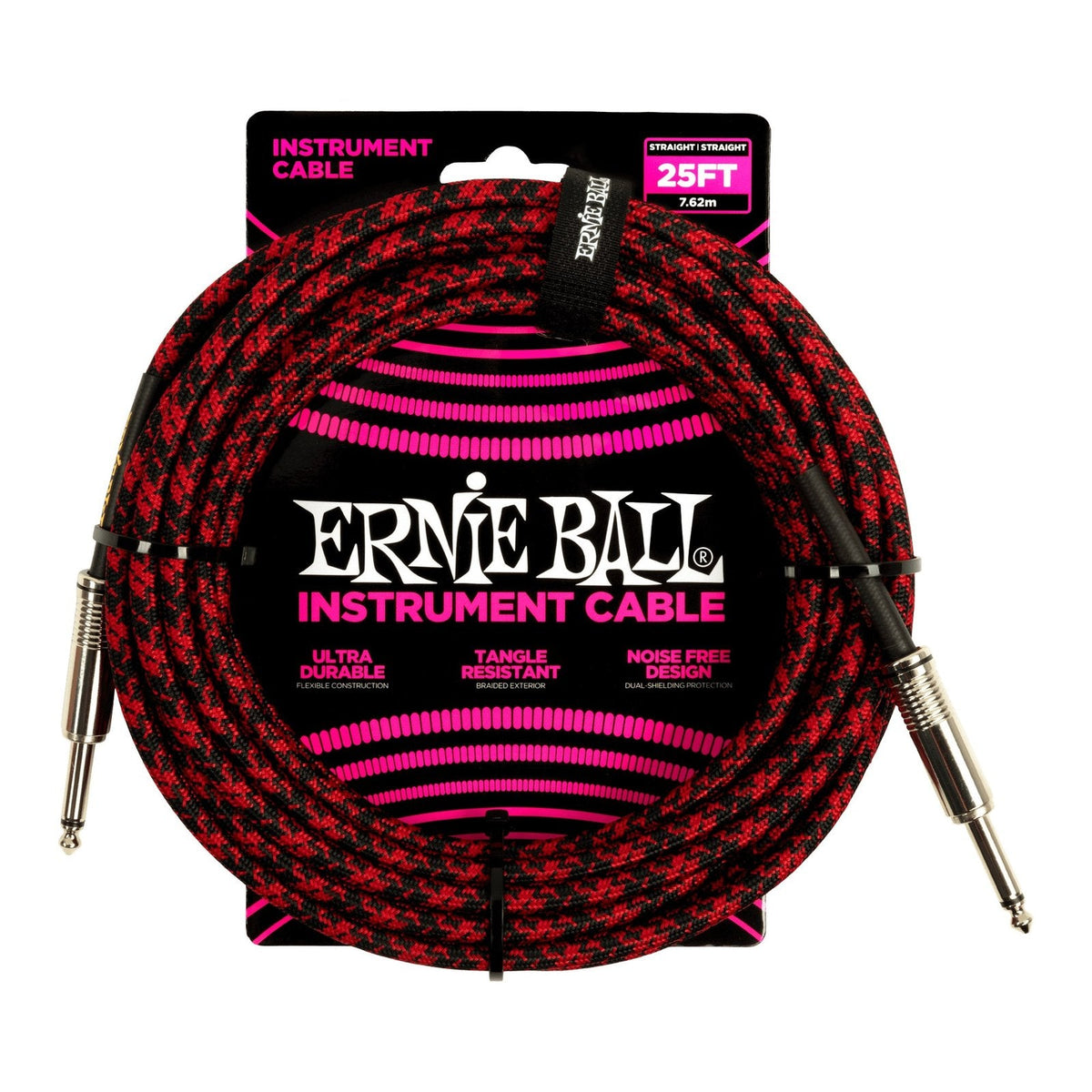 Dây Cáp Guitar Ernie Ball Braided Instrument Cable – 7,6m (25ft), Thẳng - Thẳng, Red/Black