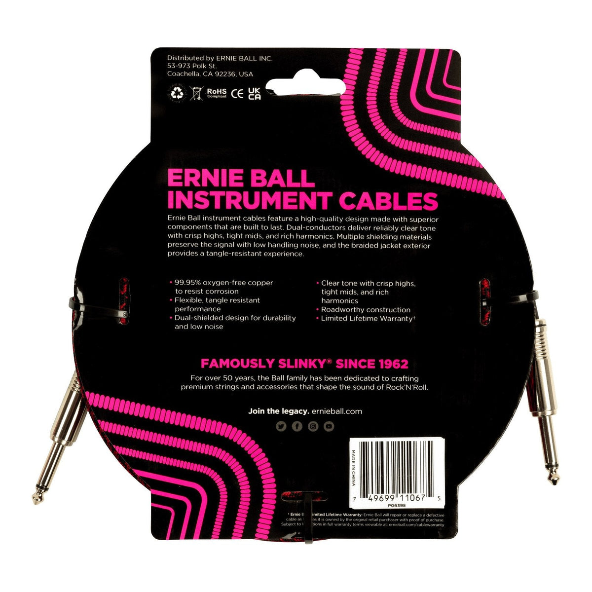 Dây Cáp Guitar Ernie Ball Braided Instrument Cable – 7,6m (25ft), Thẳng - Thẳng, Red/Black