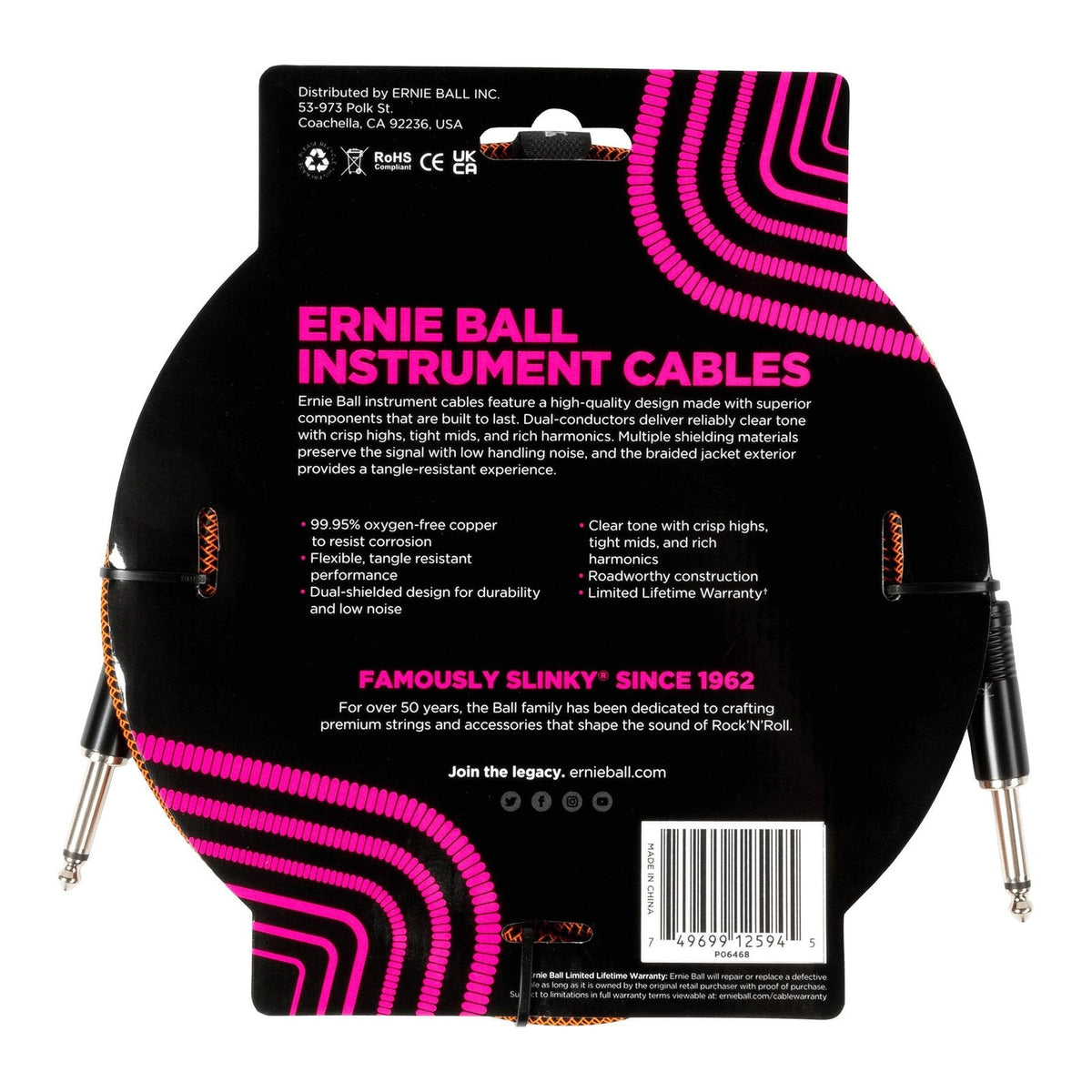 Dây Cáp Guitar Ernie Ball Braided Instrument Cable – 3m (10ft), Thẳng - Thẳng, Pumpkin Pie