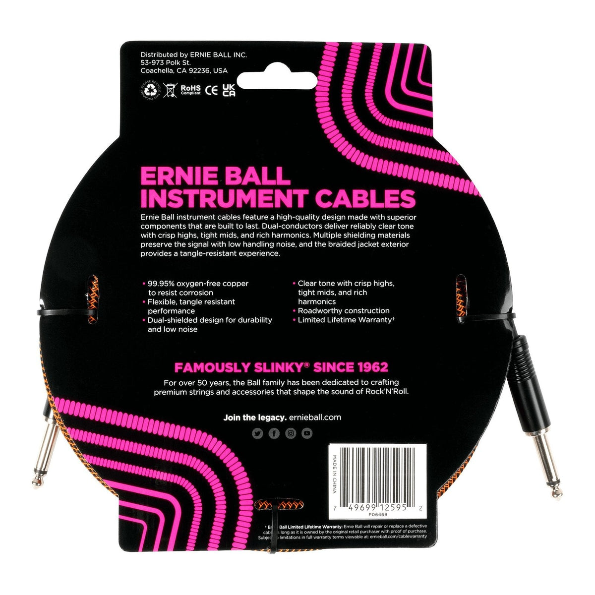 Dây Cáp Guitar Ernie Ball Braided Instrument Cable – 5,5m (18ft), Thẳng - Thẳng, Pumpkin Pie