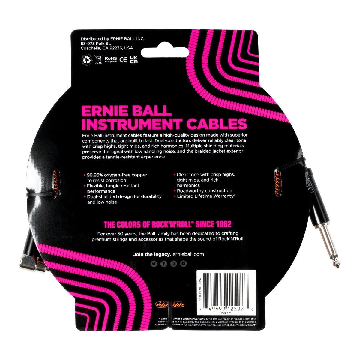 Dây Cáp Guitar Ernie Ball Braided Instrument Cable – 5,5m (18ft), Thẳng - Vuông, Pumpkin Pie