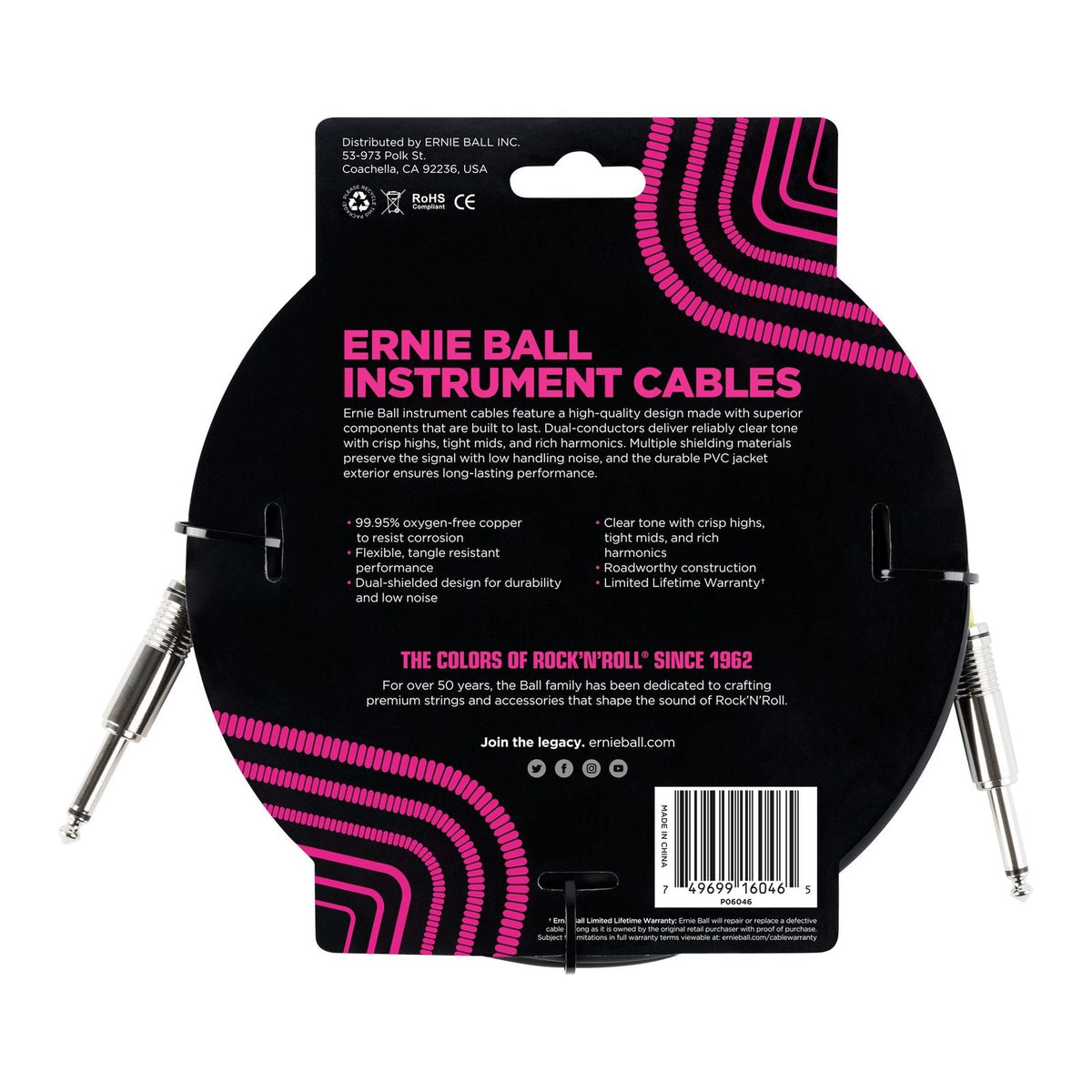 Dây Cáp Guitar Ernie Ball Classic Instrument Cable (Vỏ PVC) – 6,1m (20ft), Thẳng - Thẳng, Black