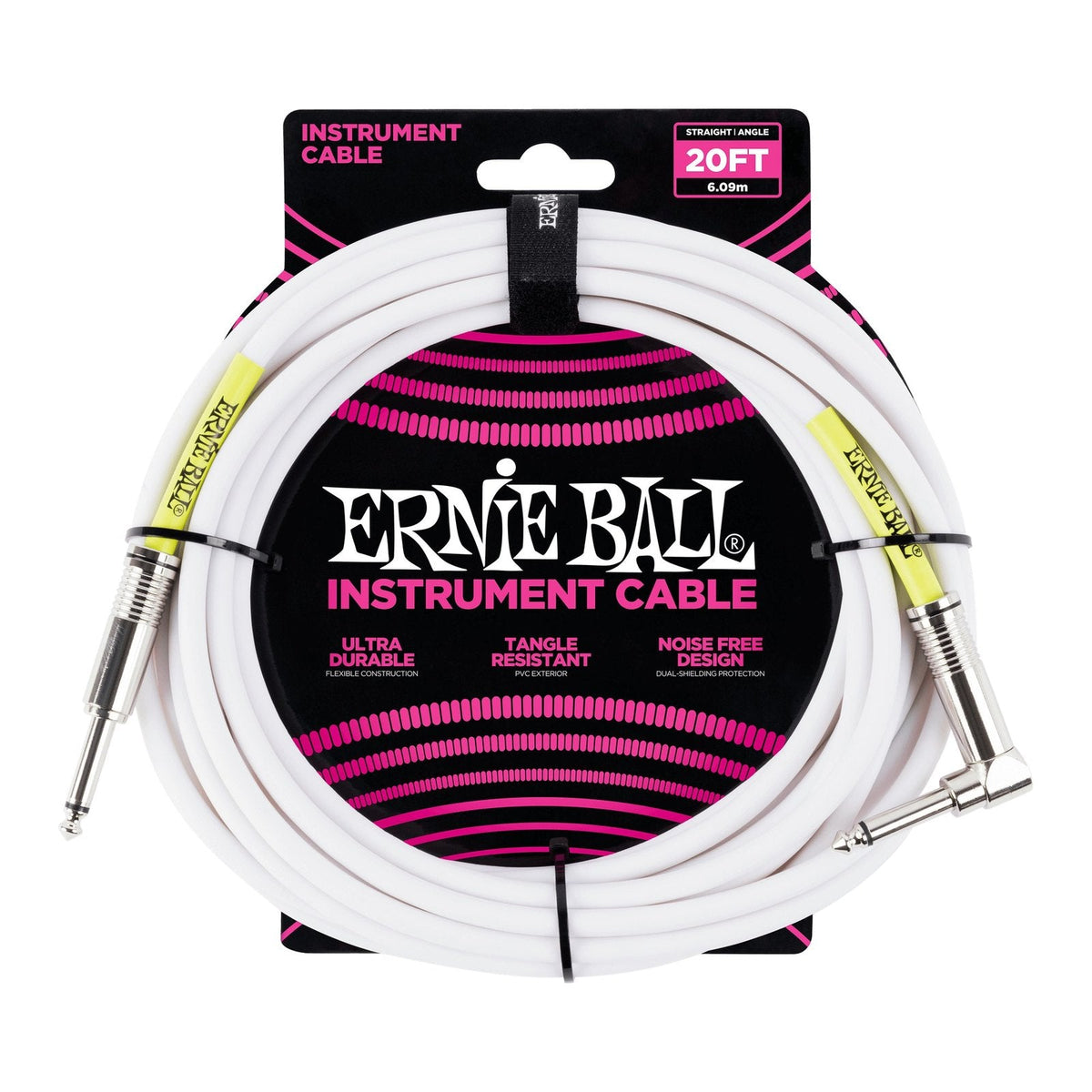 Dây Cáp Guitar Ernie Ball Classic Instrument Cable (Vỏ PVC) – 6,1m (20ft), Thẳng - Vuông, White