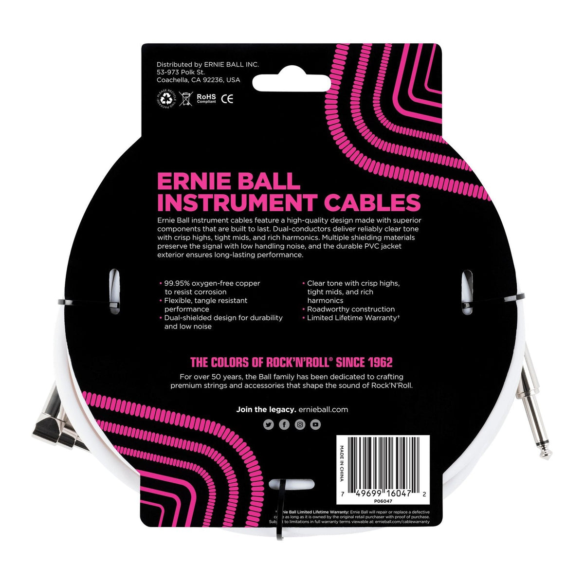 Dây Cáp Guitar Ernie Ball Classic Instrument Cable (Vỏ PVC) – 6,1m (20ft), Thẳng - Vuông, White