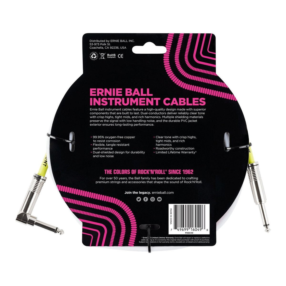 Dây Cáp Guitar Ernie Ball Classic Instrument Cable (Vỏ PVC) – 3m (10ft), Thẳng - Vuông, White