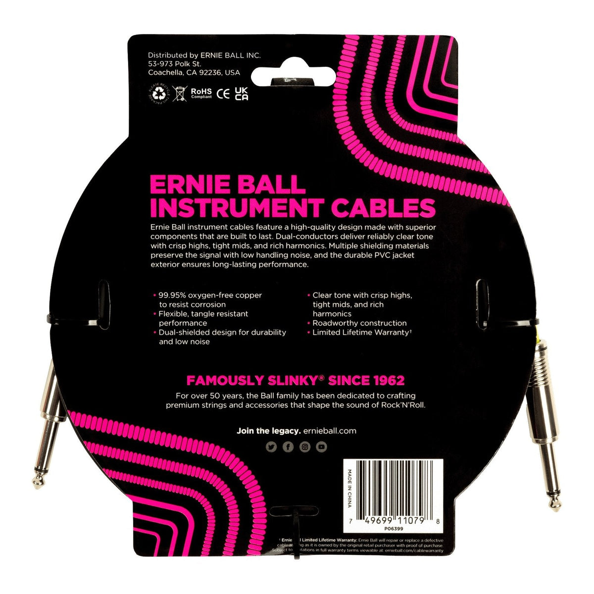 Dây Cáp Guitar Ernie Ball Classic Instrument Cable (Vỏ PVC) – 4,6m (15ft), Thẳng - Thẳng, Black