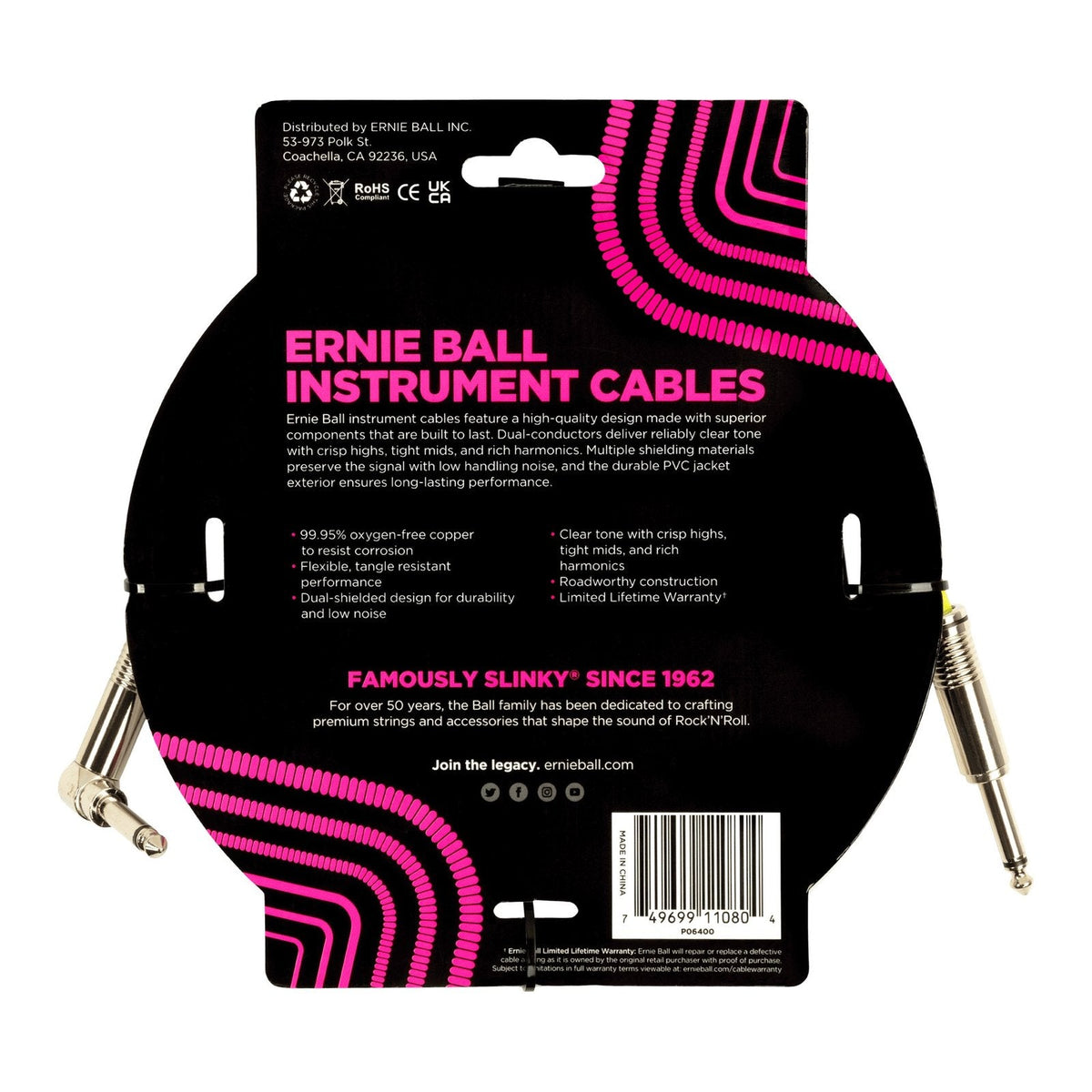 Dây Cáp Guitar Ernie Ball Classic Instrument Cable (Vỏ PVC) – 4,6m (15ft), Thẳng - Vuông, White