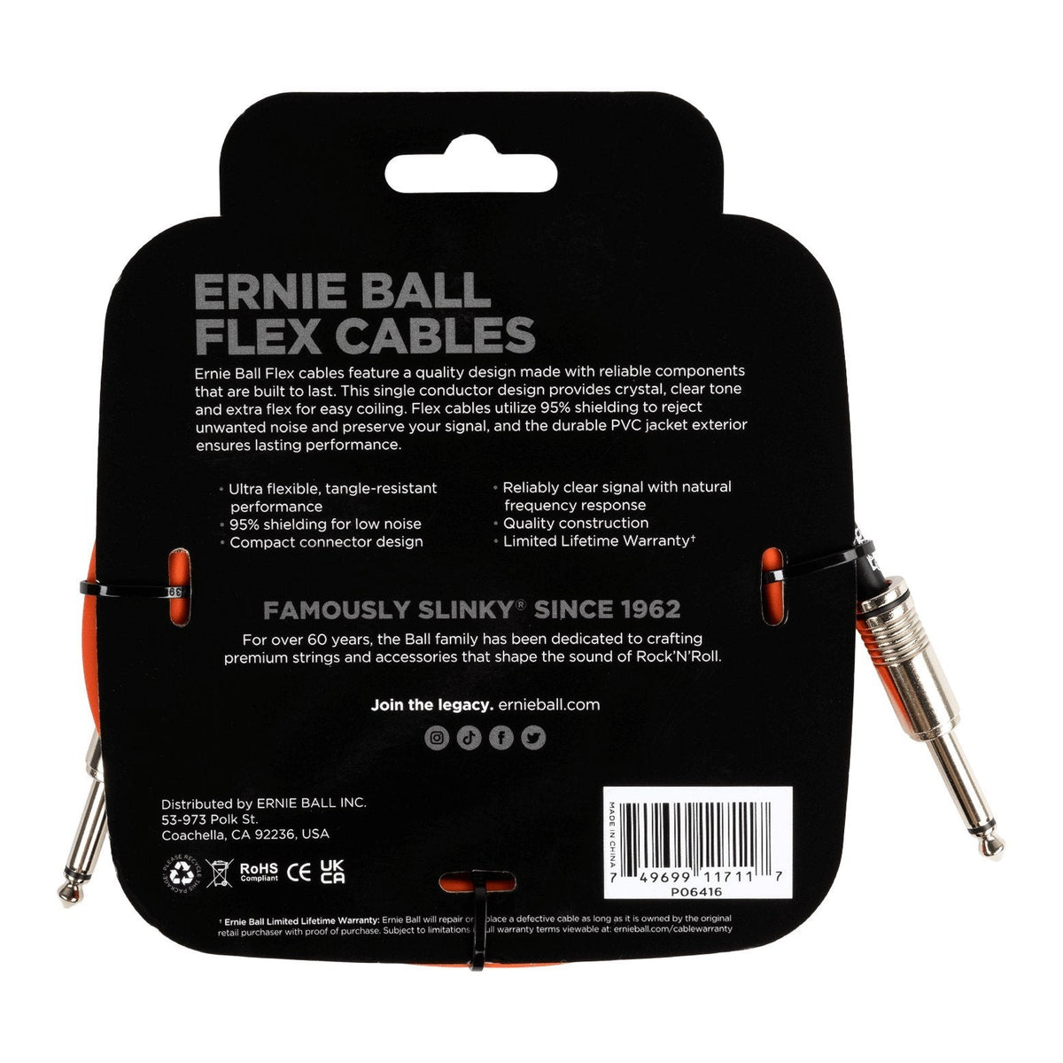 Dây Cáp Guitar Ernie Ball Flex Instrument Cable – 3m (10ft), Orange