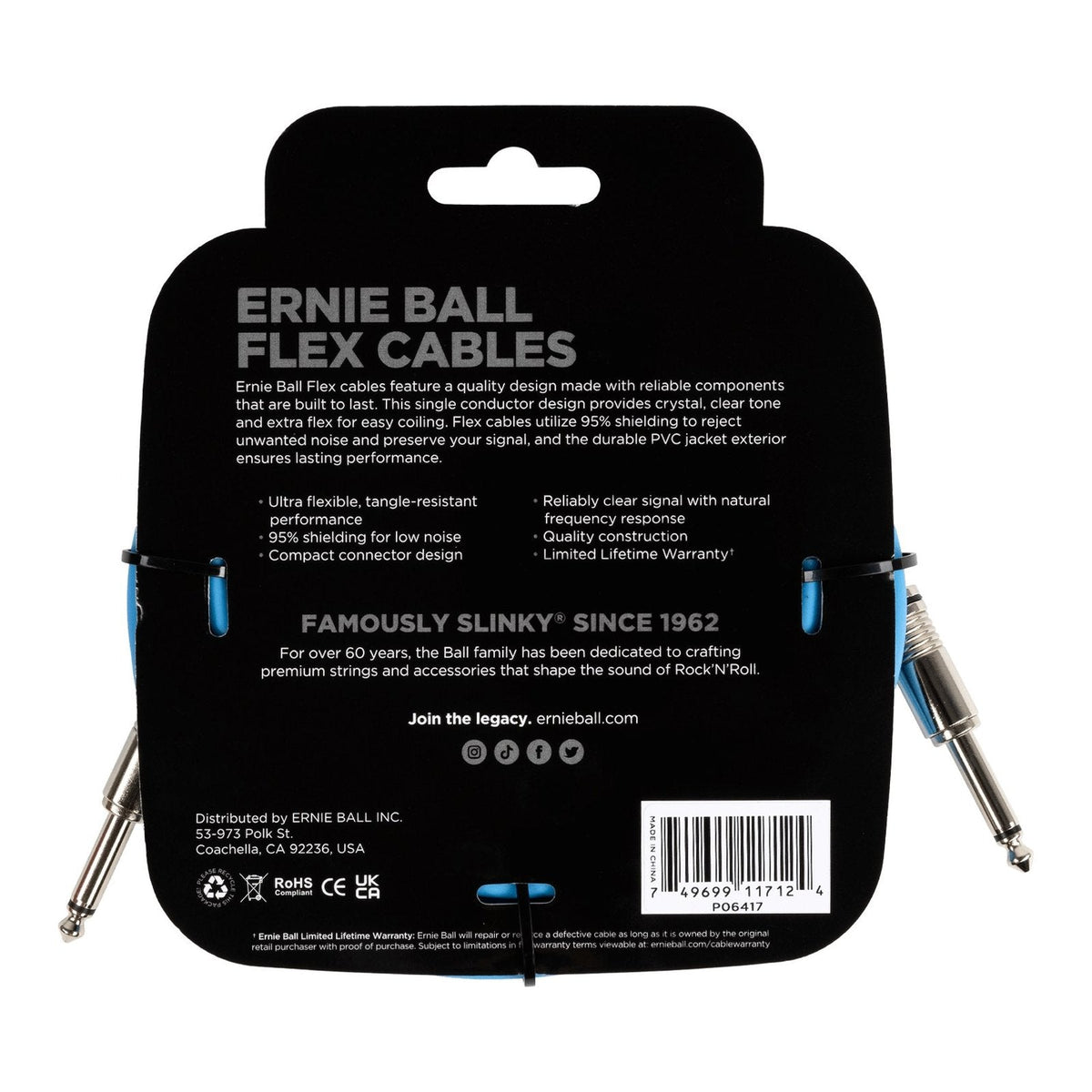 Dây Cáp Guitar Ernie Ball Flex Instrument Cable – 6,1m (20ft), Blue