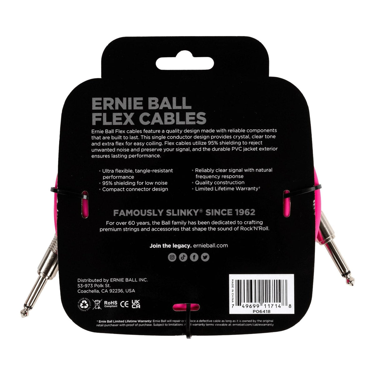 Dây Cáp Guitar Ernie Ball Flex Instrument Cable – 6,1m (20ft), Pink