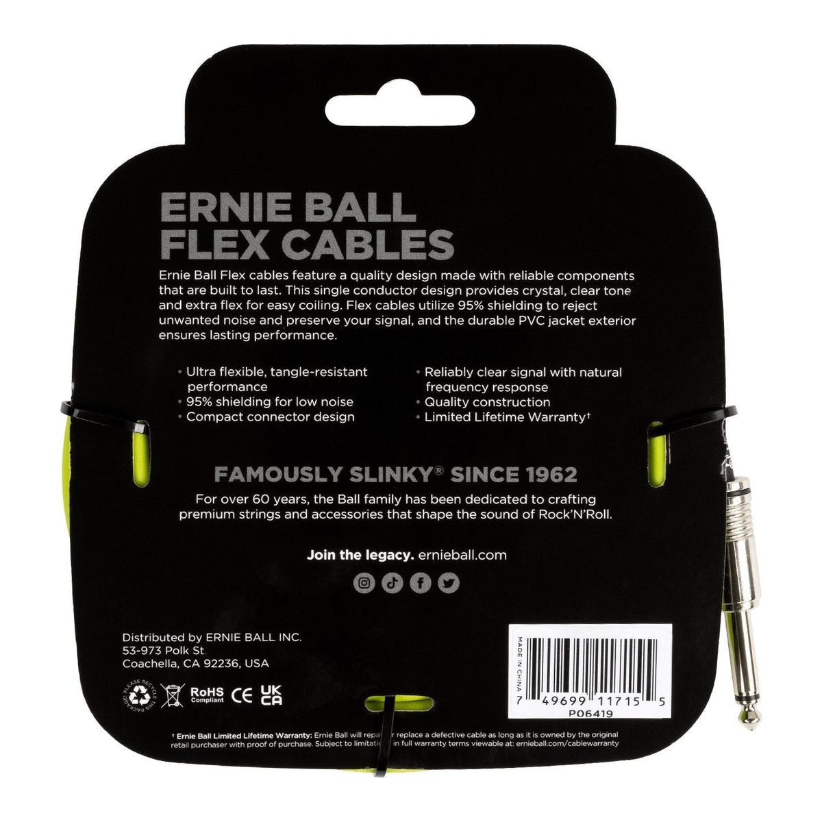 Dây Cáp Guitar Ernie Ball Flex Instrument Cable – 6,1m (20ft), Green