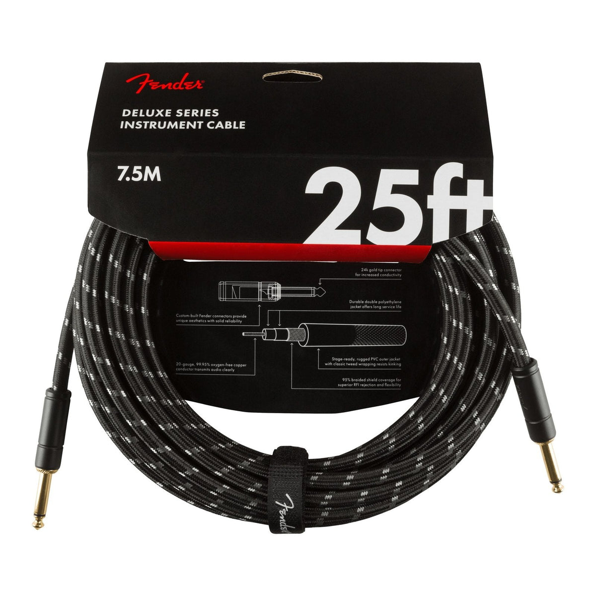 Dây Cáp Guitar Fender Deluxe Series Tweed Instrument Cable – 7,6m (25ft), Thẳng - Thẳng, Black Tweed