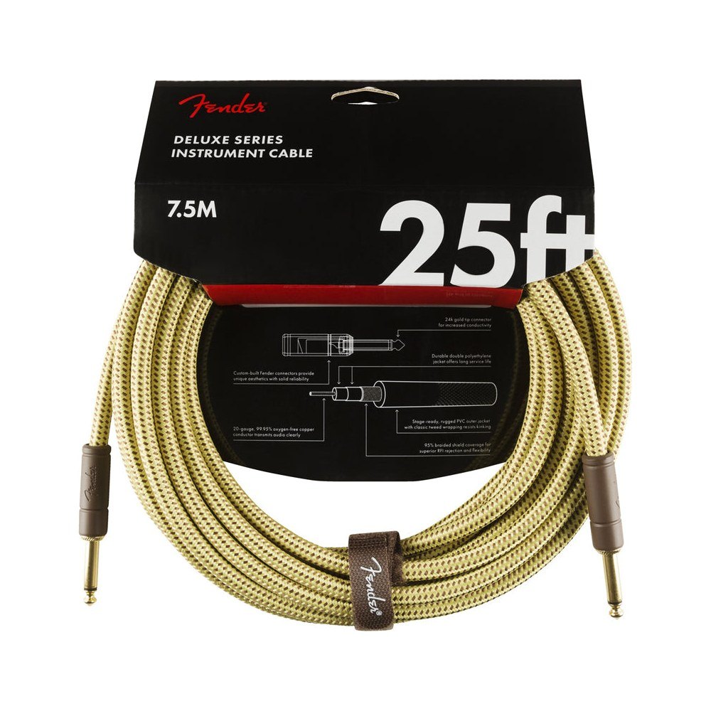Dây Cáp Guitar Fender Deluxe Series Tweed Instrument Cable – 7,6m (25ft), Thẳng - Thẳng, Tweed