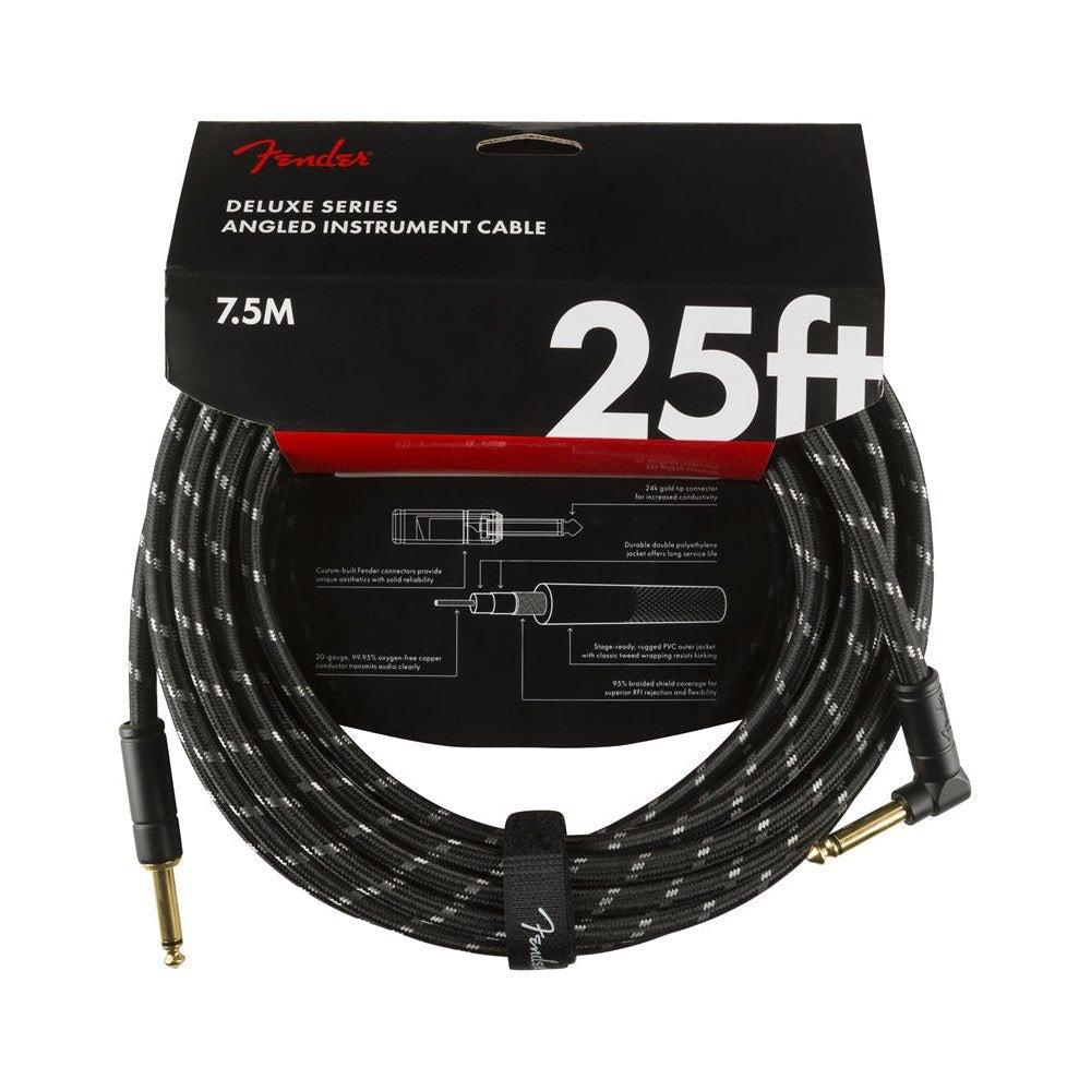 Dây Cáp Guitar Fender Deluxe Series Tweed Instrument Cable – 7,6m (25ft), Thẳng - Vuông, Black Tweed