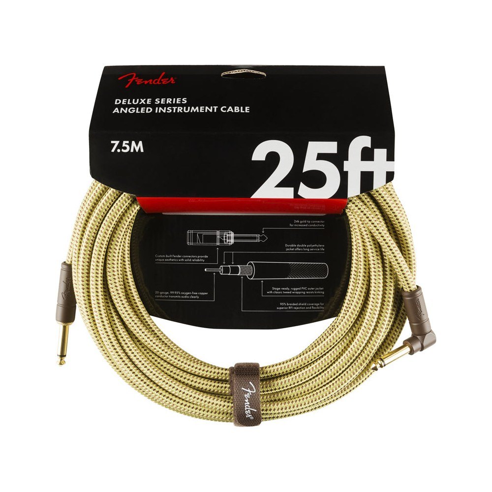 Dây Cáp Guitar Fender Deluxe Series Tweed Instrument Cable – 7,6m (25ft), Thẳng - Vuông, Tweed