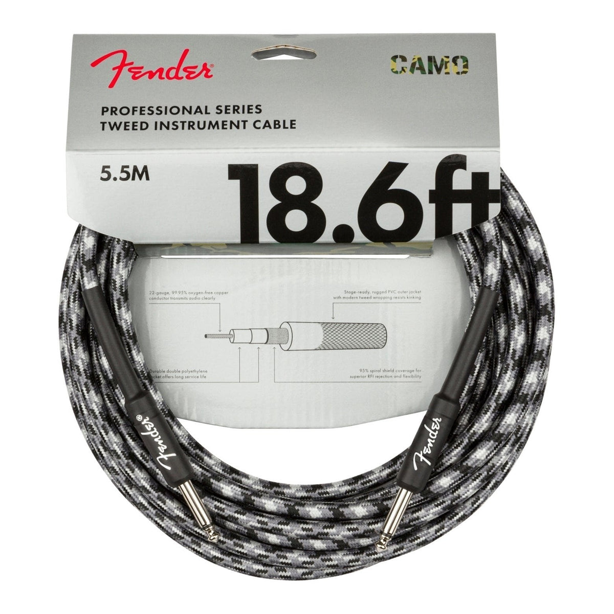 Dây Cáp Guitar Fender Professional Series Instrument Cable – 5,7m (18,6ft), Thẳng - Thẳng, Winter Camo