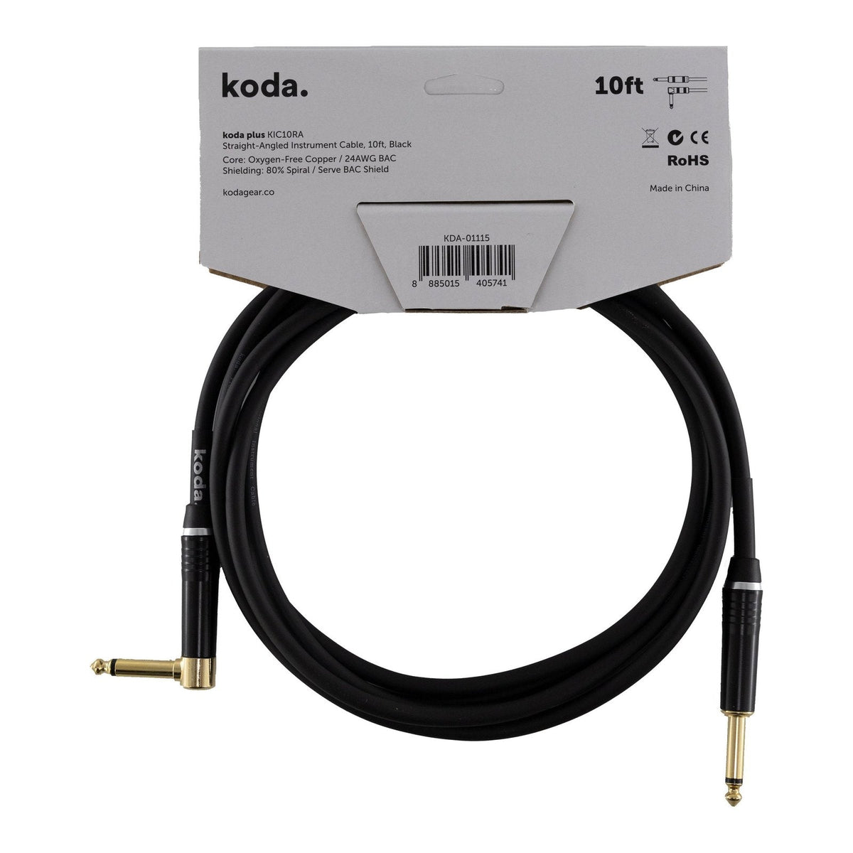 Dây Cáp Guitar koda plus KIC Instrument Cable – 3m (10ft), Thẳng - Vuông, Black