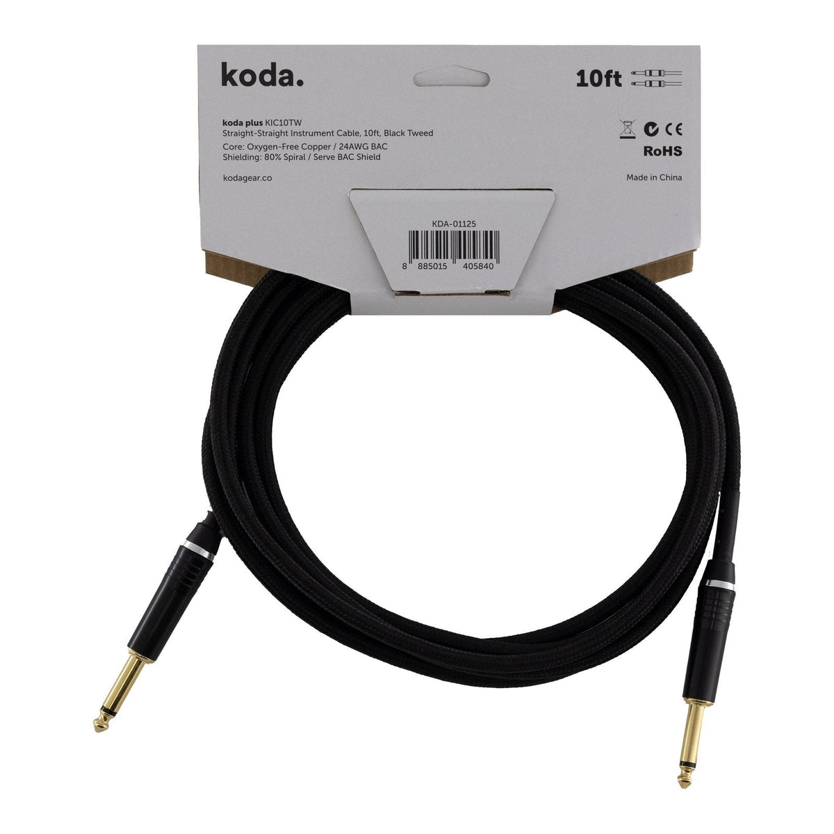 Dây Cáp Guitar koda plus KIC Instrument Cable – 3m (10ft), Thẳng - Thẳng, Black Tweed
