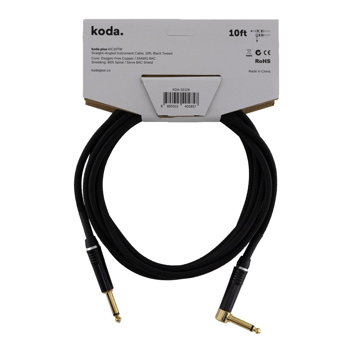 Dây Cáp Guitar koda plus KIC Instrument Cable – 3m (10ft), Thẳng - Vuông, Black Tweed