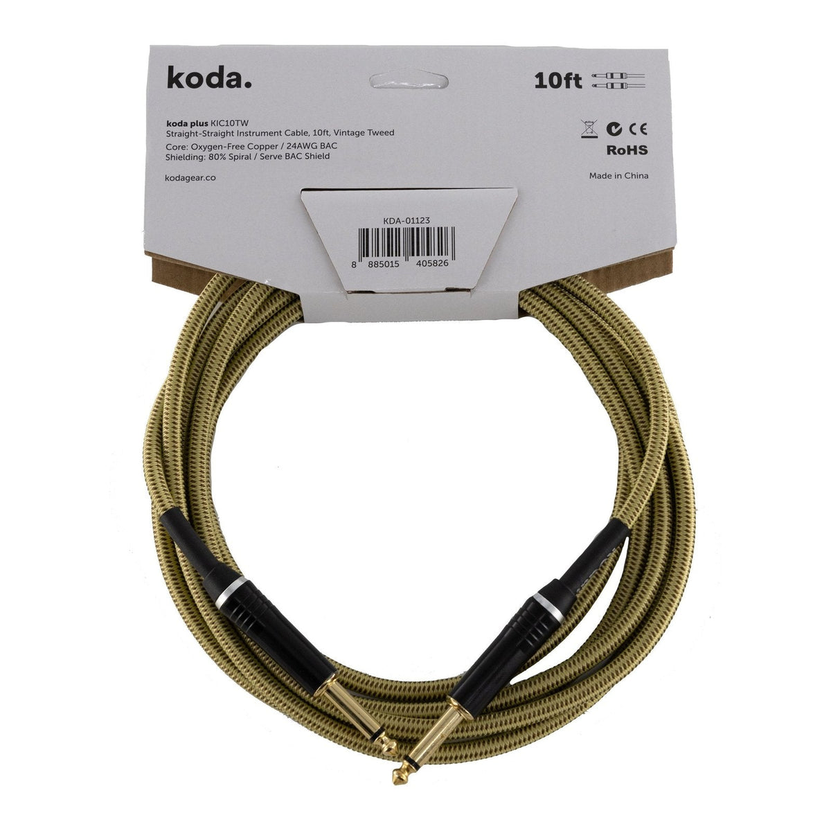 Dây Cáp Guitar koda plus KIC Instrument Cable – 3m (10ft), Thẳng - Thẳng, Vintage Tweed