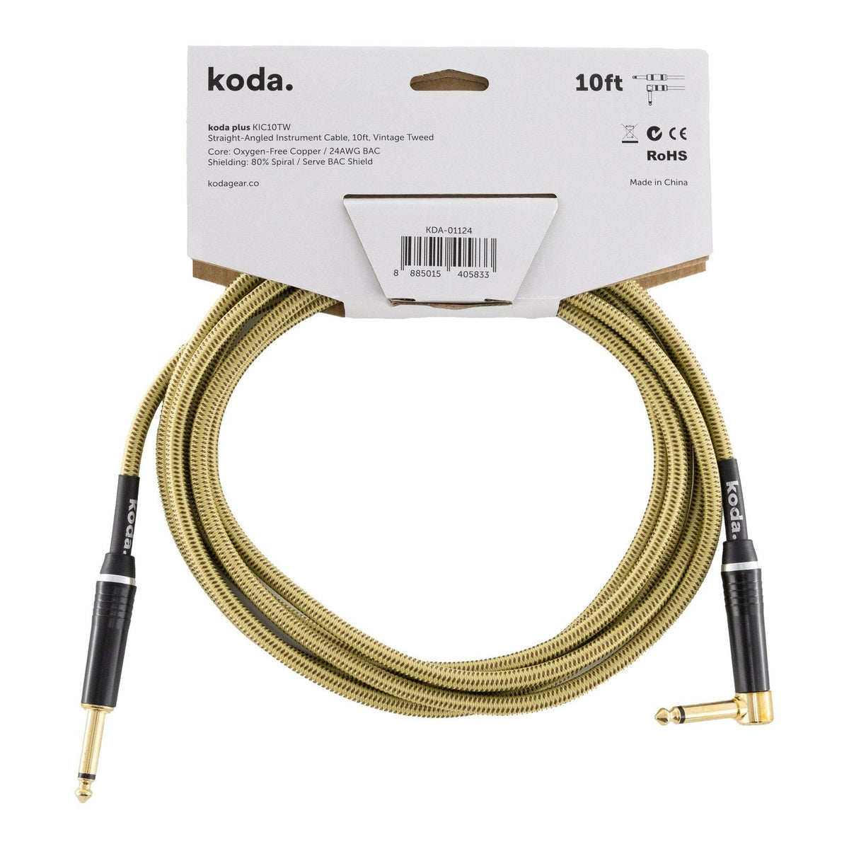 Dây Cáp Guitar koda plus KIC Instrument Cable – 3m (10ft), Thẳng - Vuông, Vintage Tweed