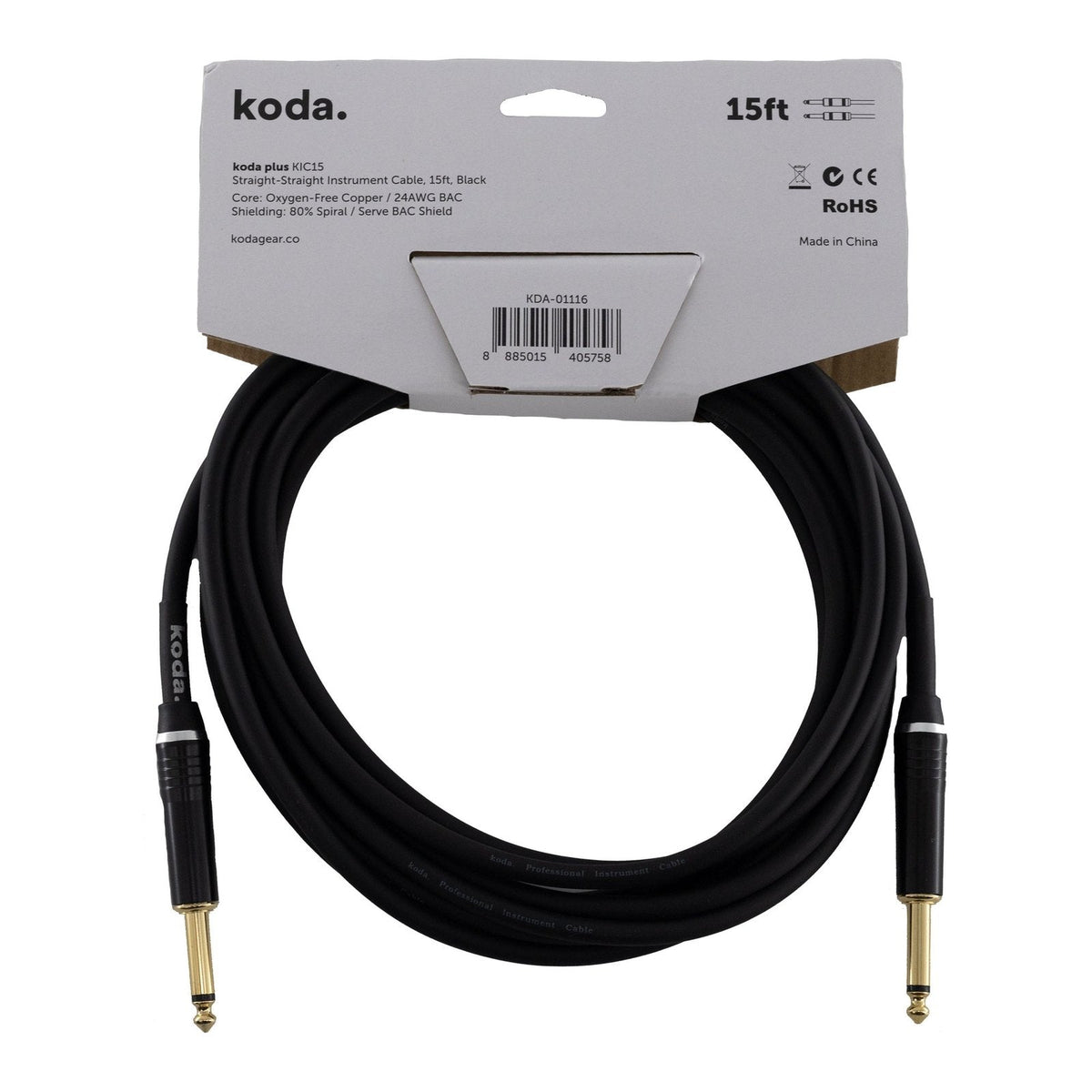 Dây Cáp Guitar koda plus KIC Instrument Cable – 4,6m (15ft), Thẳng - Thẳng, Black