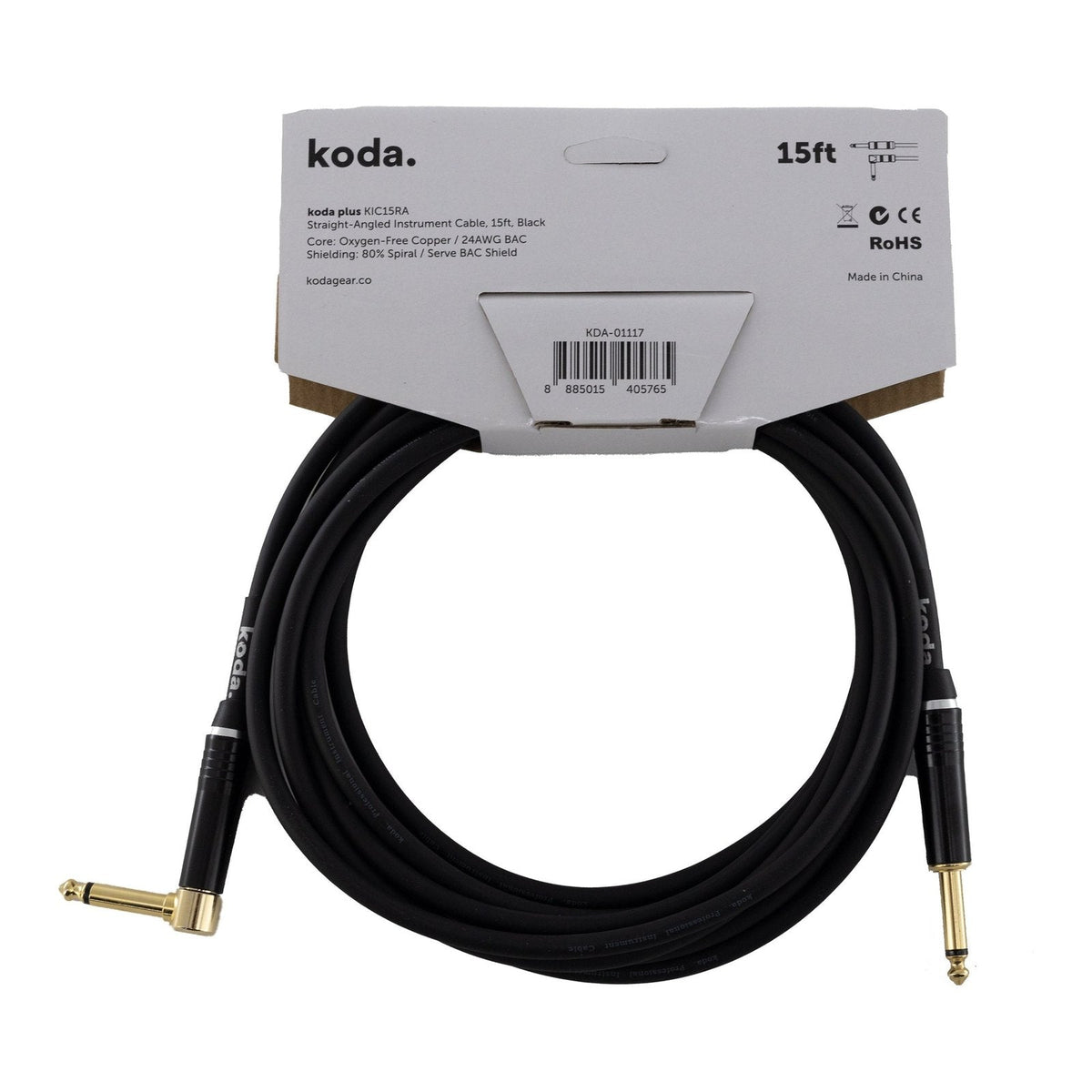 Dây Cáp Guitar koda plus KIC Instrument Cable – 4,6m (15ft), Thẳng - Vuông, Black