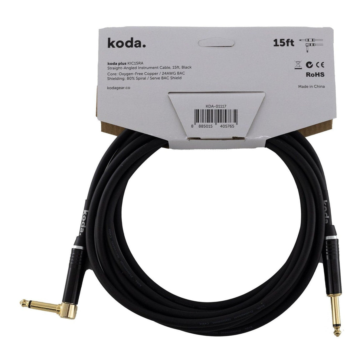 Dây Cáp Guitar koda plus KIC Instrument Cable – 4,6m (15ft), Thẳng - Vuông, Black