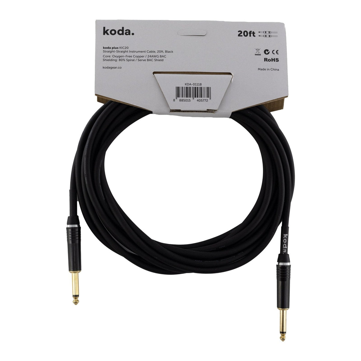 Dây Cáp Guitar koda plus KIC Instrument Cable – 6,1m (20ft), Thẳng - Thẳng, Black