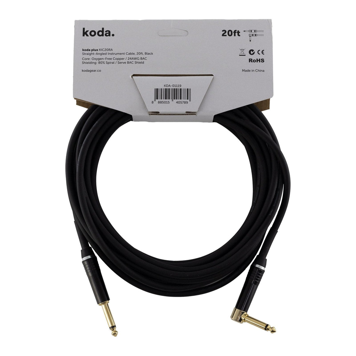 Dây Cáp Guitar koda plus KIC Instrument Cable – 6,1m (20ft), Thẳng - Vuông, Black
