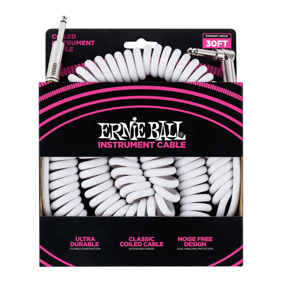 Dây Cáp Guitar Xoắn Ernie Ball Coiled Instrument Cable 30ft – Thẳng - Vuông, White