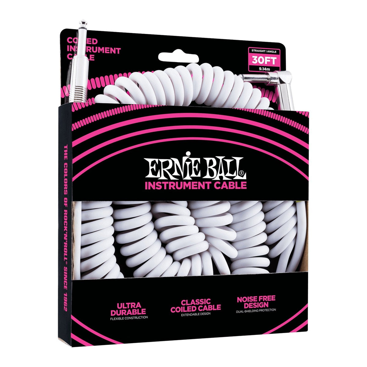 Dây Cáp Guitar Xoắn Ernie Ball Coiled Instrument Cable 30ft – Thẳng - Vuông, White