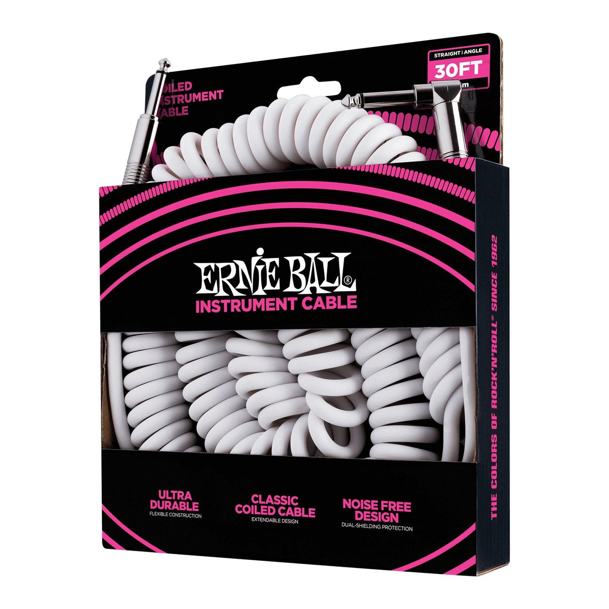 Dây Cáp Guitar Xoắn Ernie Ball Coiled Instrument Cable 30ft – Thẳng - Vuông, White