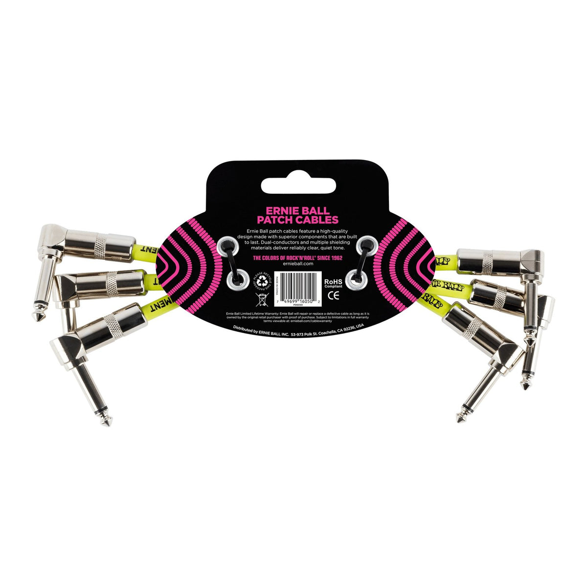 Dây Cáp Patch Pedal Ernie Ball Classic Patch Cable (Bộ 3 Sợi) – 15cm (6 inch), Vuông - Vuông, Black