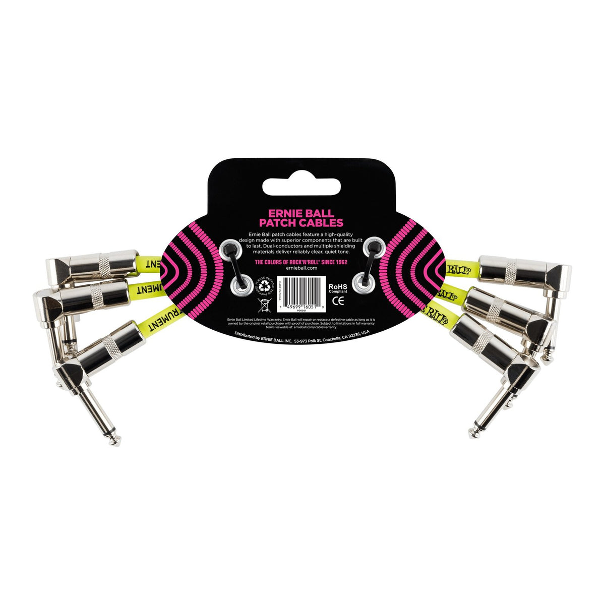 Dây Cáp Patch Pedal Ernie Ball Classic Patch Cable (Bộ 3 Sợi) – 15cm (6 inch), Vuông - Vuông, White