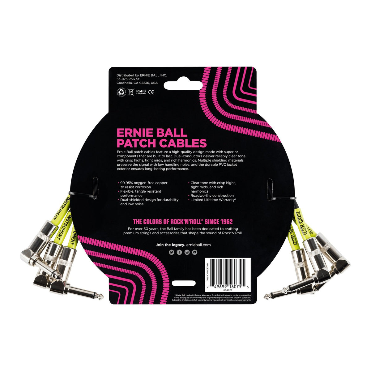 Dây Cáp Patch Pedal Ernie Ball Classic Patch Cable (Bộ 3 Sợi) – 30cm (1ft), Vuông - Vuông, Black